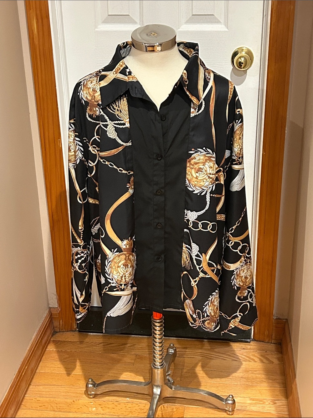 Black & Gold Patterned Womens Button-Up Shirt